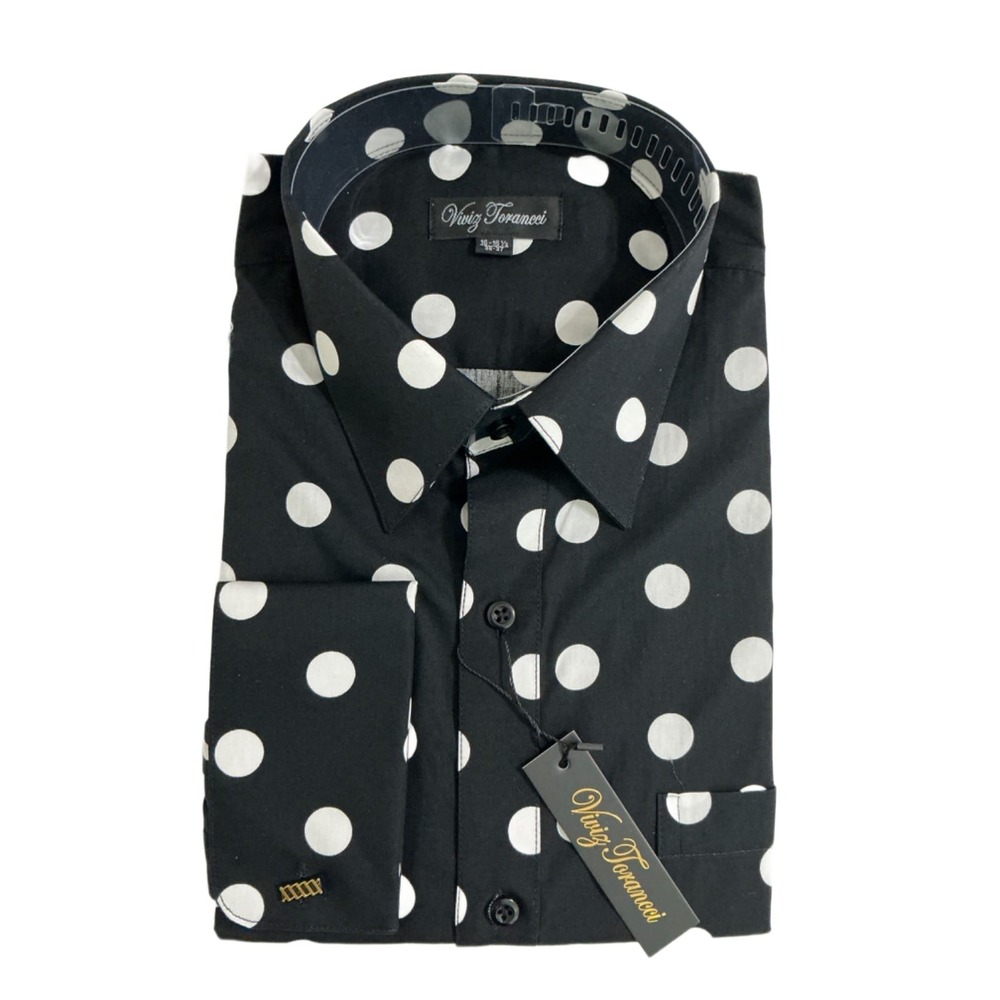 Viviz Torancci Mens Dress Shirt 16-16.5 36-37 Black White Polka Dot French Cuff